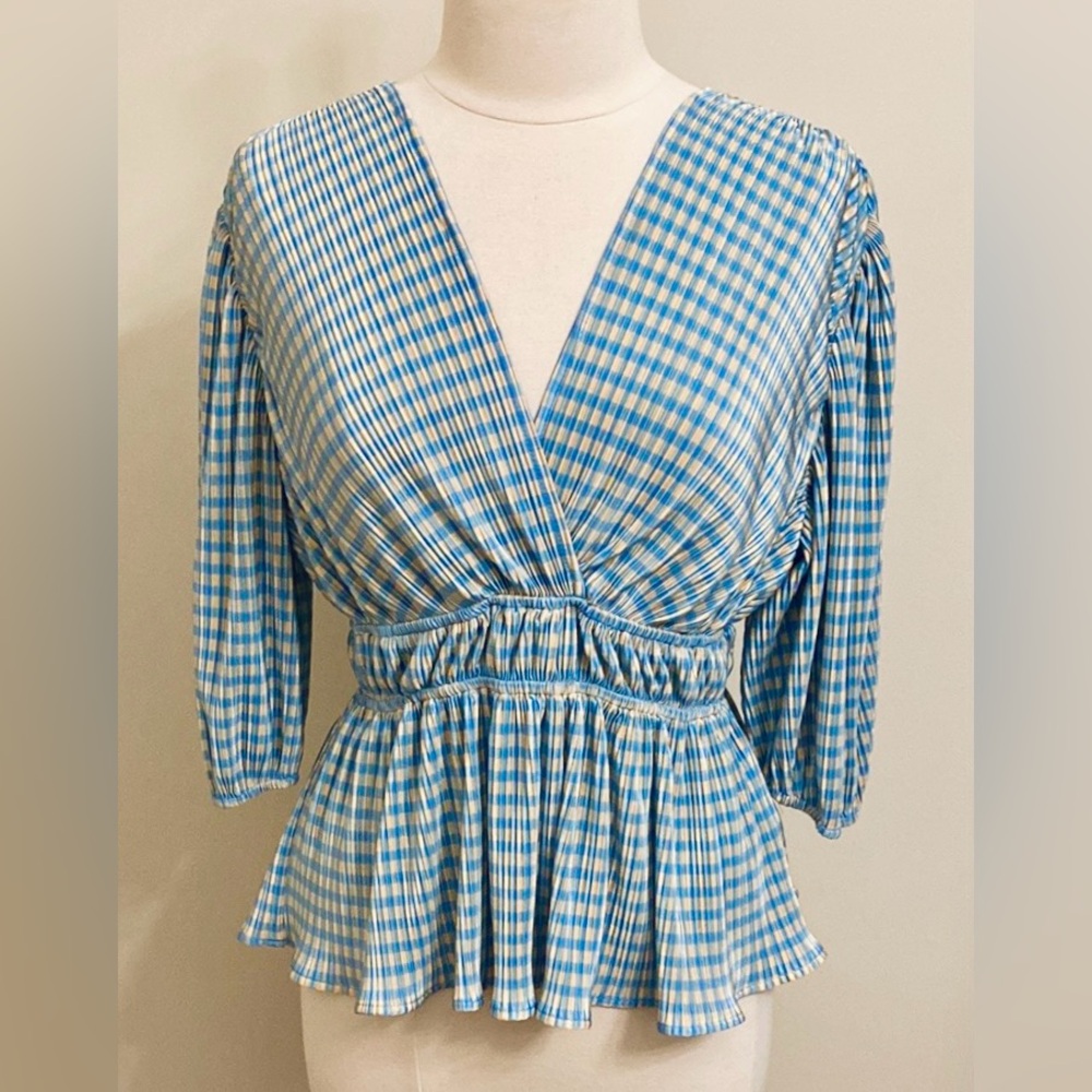 Lumiere Baby Blue Yellow Gingham SZ L Soft Boho Chic Retro Preppy Picnic Top